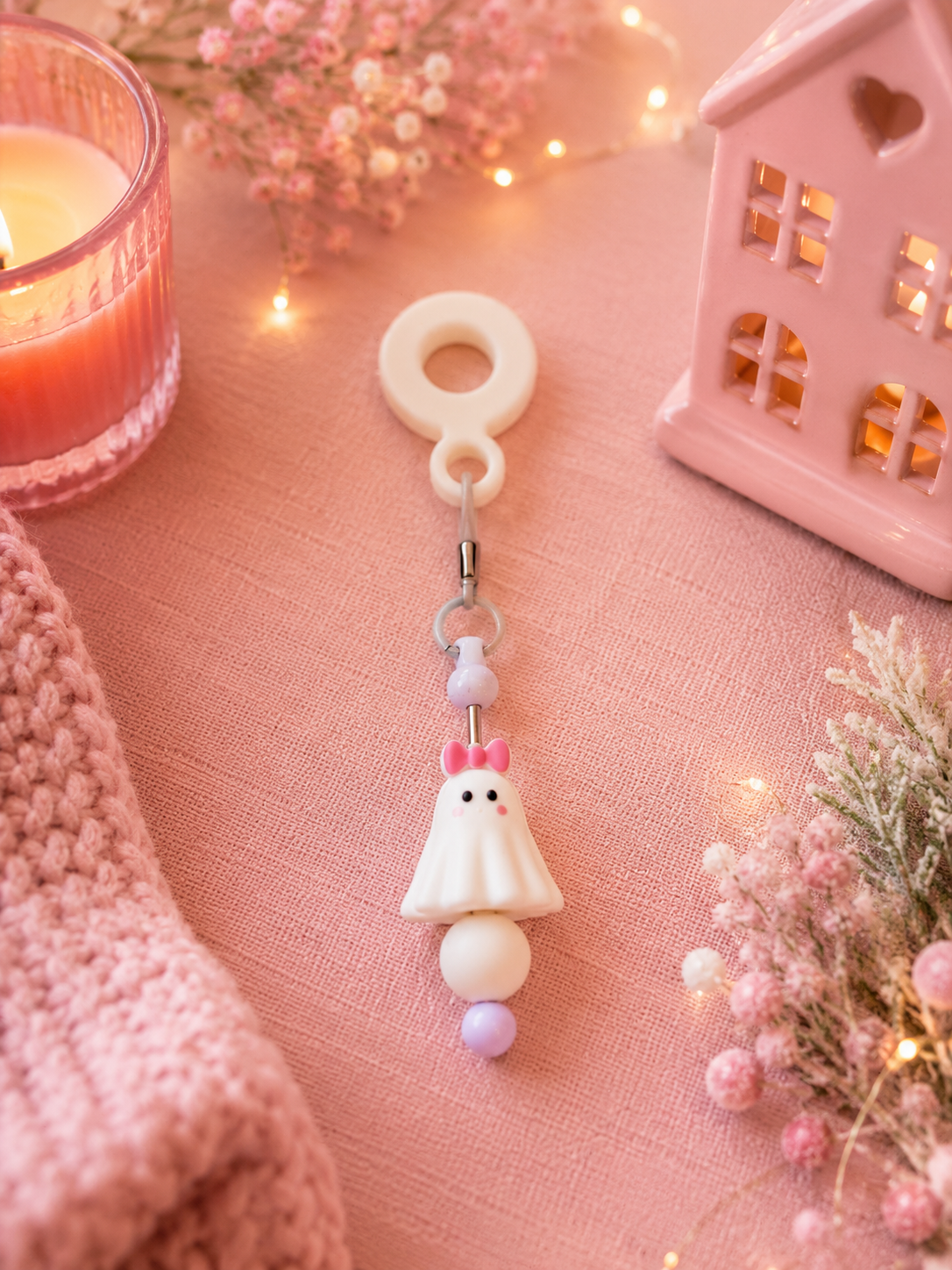 A cute white ghost cup charm with pink bow and beads, displayed on a pink textured fabric background with a lit candle, pink house ornament, and dried flowers.