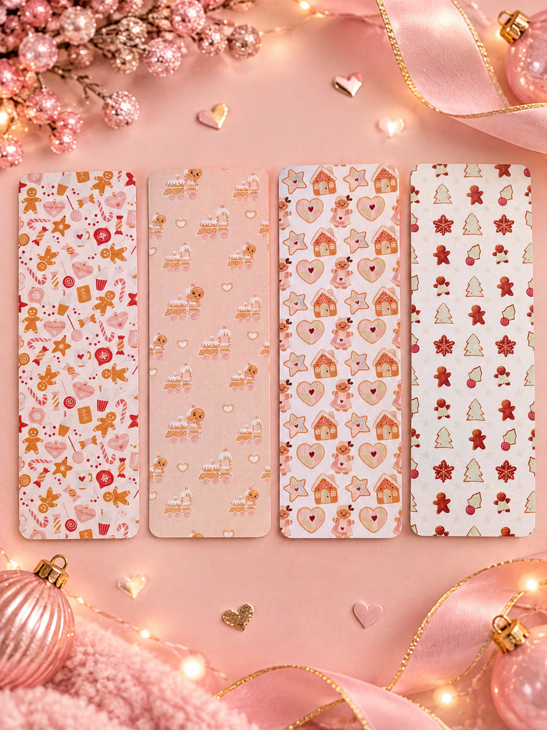 Four rectangular patterned bookmarks arranged vertically on a pink background with decorative holiday ornaments, ribbons, and fairy lights. The cards feature pastel Christmas motifs including gingerbread houses, hearts, stars, and trees.