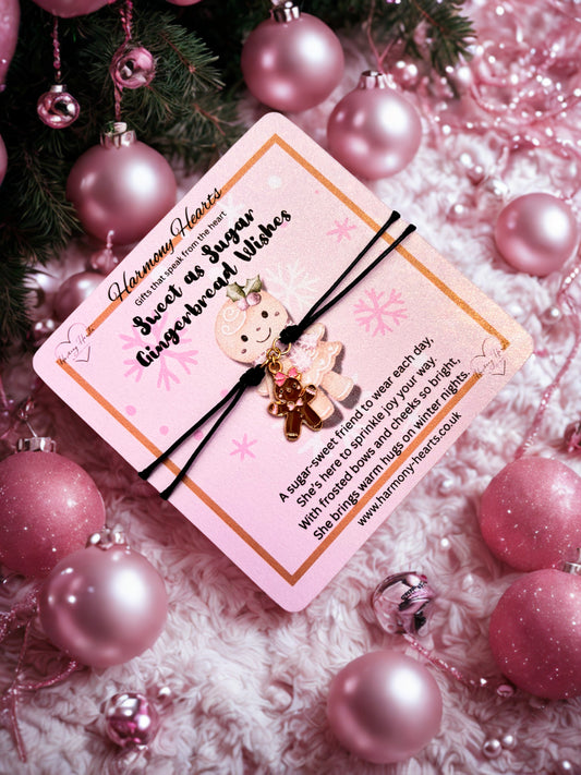 Gingerbread bracelet on a ink card on a decorative background with pink ornaments