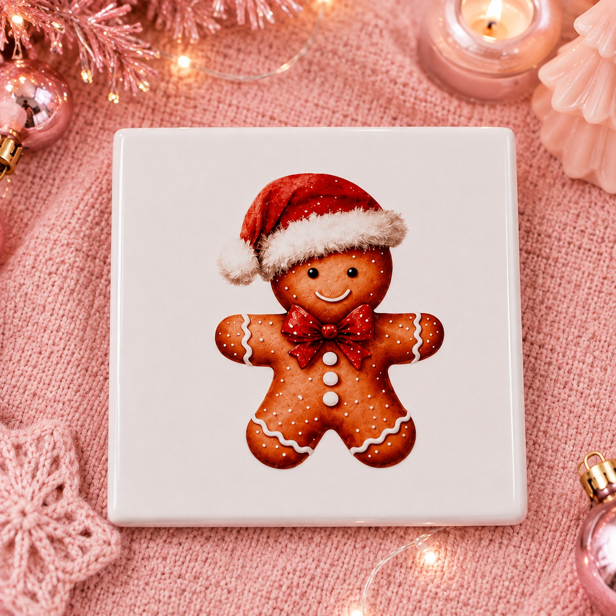A square white ceramic Christmas drinks coaster featuring a smiling gingerbread man in a red Santa hat and red bow tie, styled on a pink knit surface with holiday lights and ornaments.