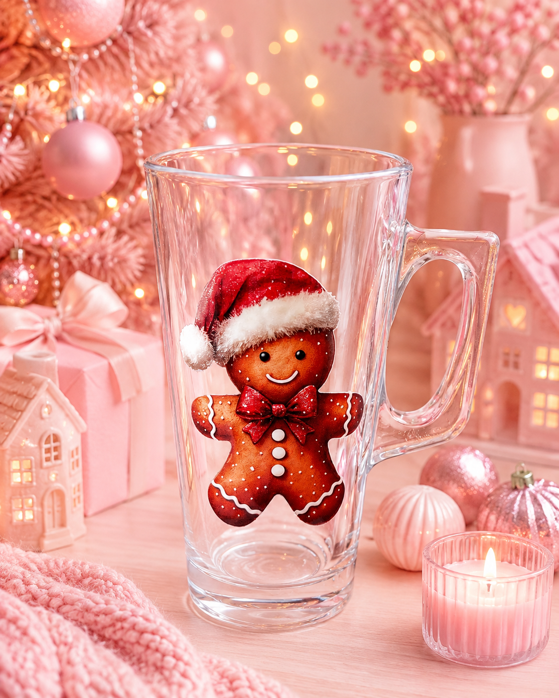A clear glass mug with a handle, decorated with a gingerbread man wearing a red Santa hat, set in a cozy pink holiday scene with lights, ornaments, and small house decorations.