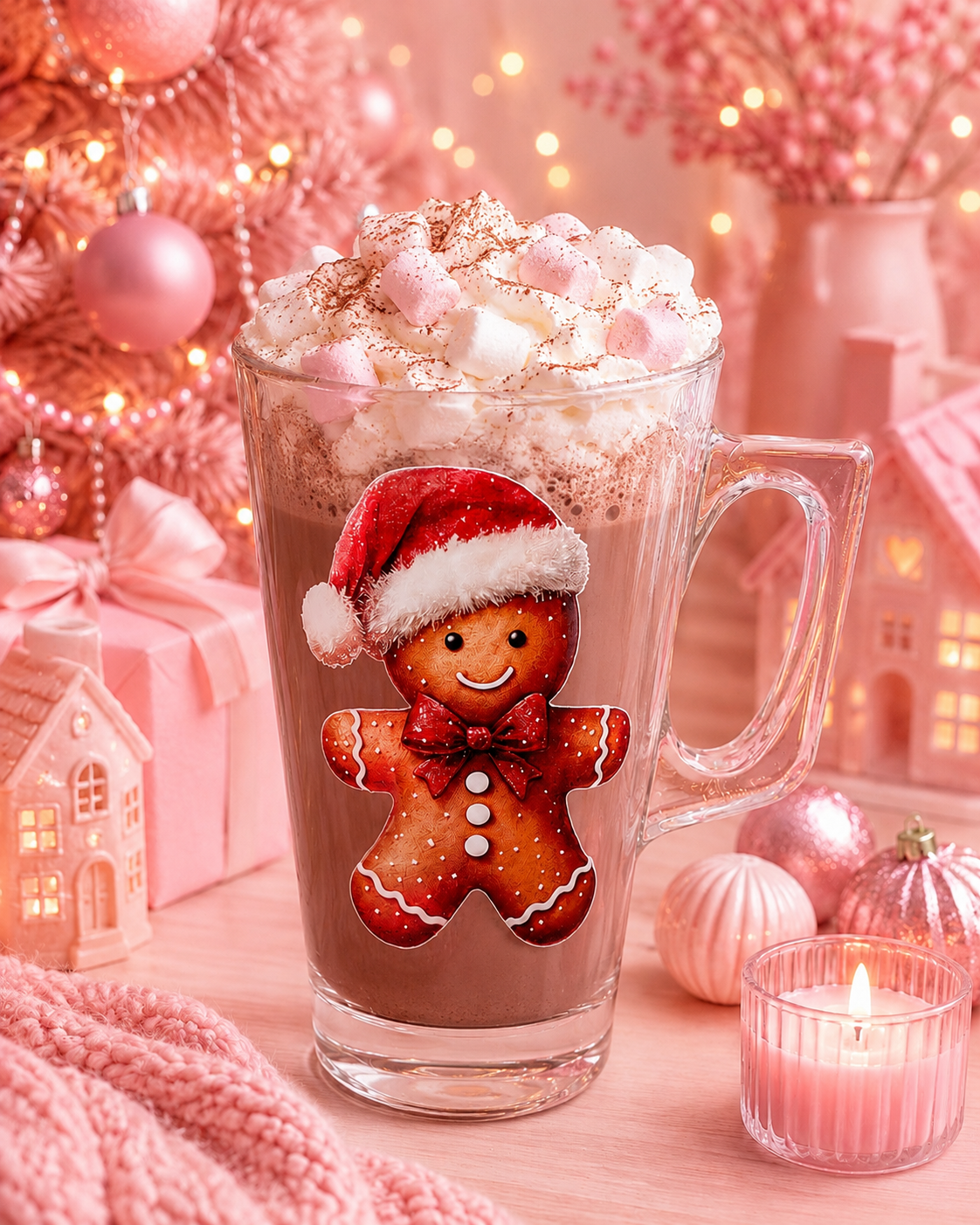 A clear glass mug filled with a hot chocolate or cocoa drink topped with whipped cream, marshmallows, and cocoa powder. The mug features a printed gingerbread man wearing a Santa hat.