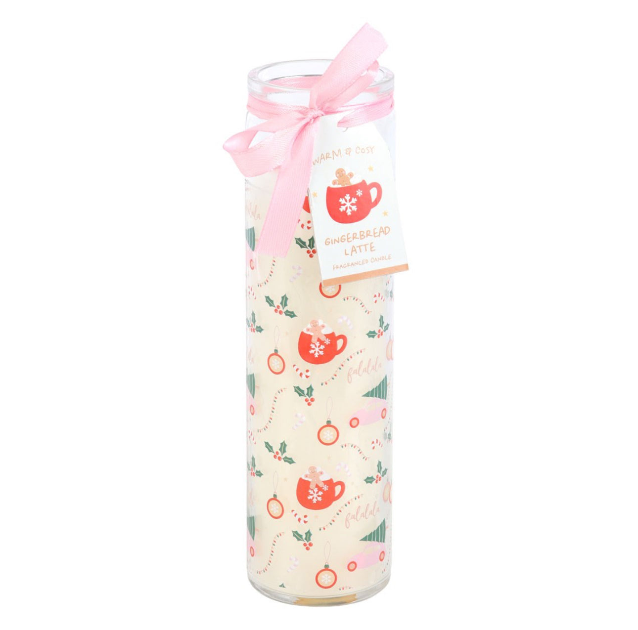 Decorative candle with a pink bow and festive design on a white background