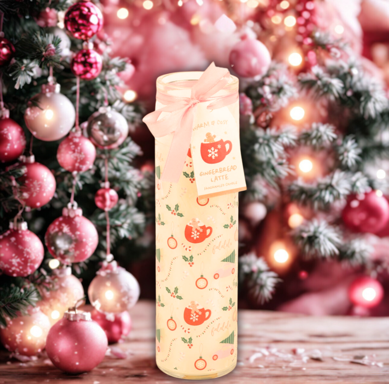 Candle with a bow in front of a decorated Christmas tree.