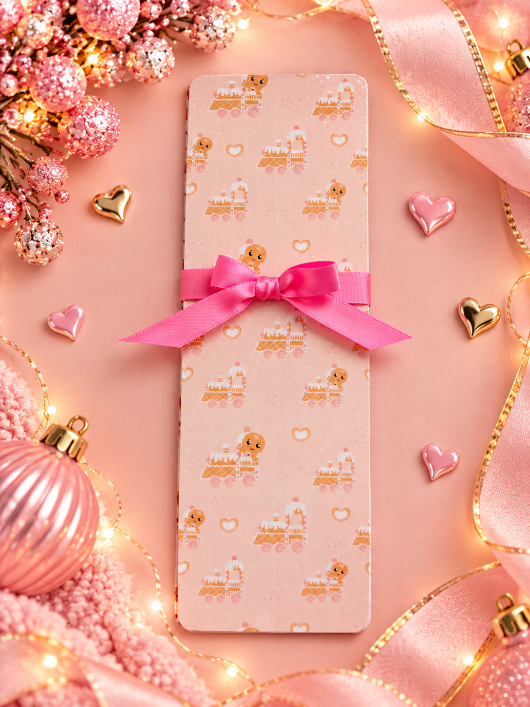 Set of bookmarks featuring small gingerbread and train illustrations, tied with a bright pink satin ribbon. Set in a styled flat-lay setting with pink ribbons, gold heart ornaments, fairy lights, and decorative floral elements on a pink background.