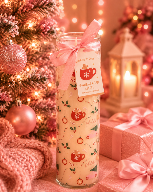 A tall glass jar candle with a pink ribbon bow and a 'Gingerbread Latte' scent tag, styled on a table next to a decorated Christmas tree, gift boxes, and a lantern in warm pink holiday lighting.