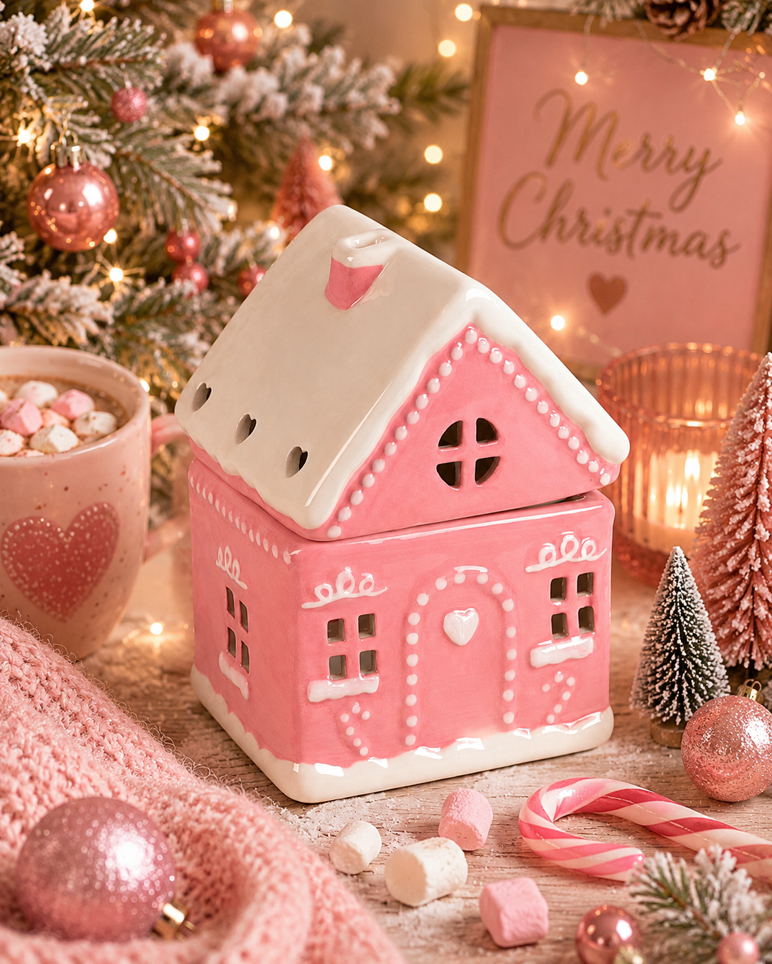 A pink and white ceramic gingerbread house container with a lid, styled on a festive Christmas table with a mug of marshmallows, candy canes, pink ornaments, and a 'Merry Christmas' sign in the background.