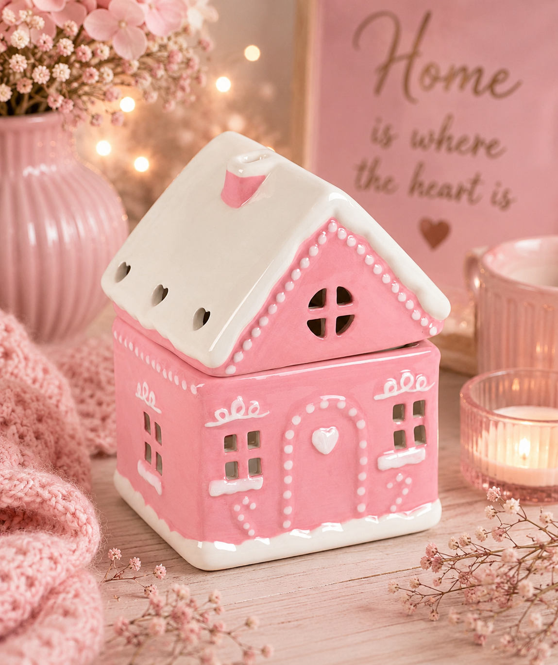A pink and white ceramic house-shaped container or ornament displayed on a wooden surface with pink decorative props, including a knitted scarf, flowers, candles, and a sign that reads 'Home is where the heart is'.