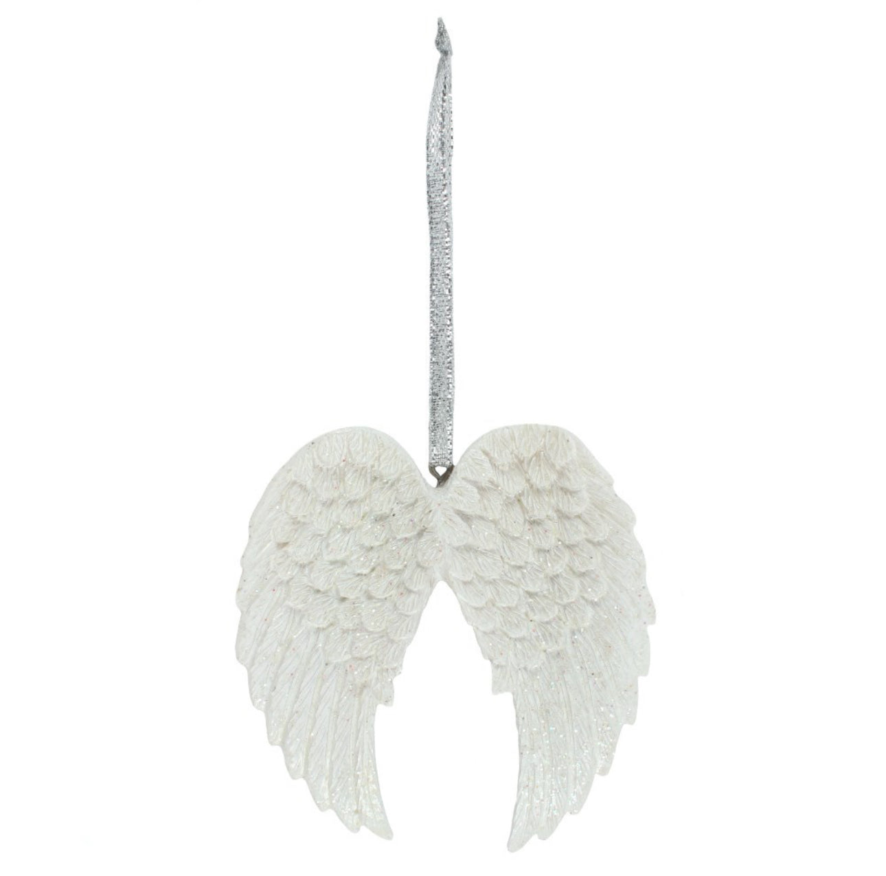 White angel wings ornament with a silver hook on a white background