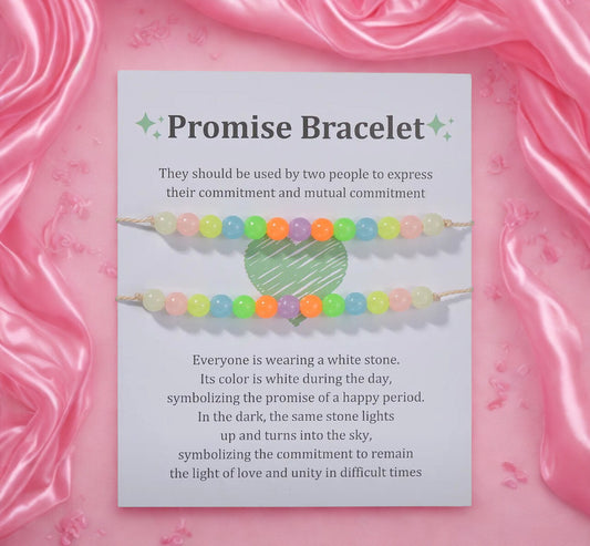Promise bracelet card with colorful beads on a pink fabric background