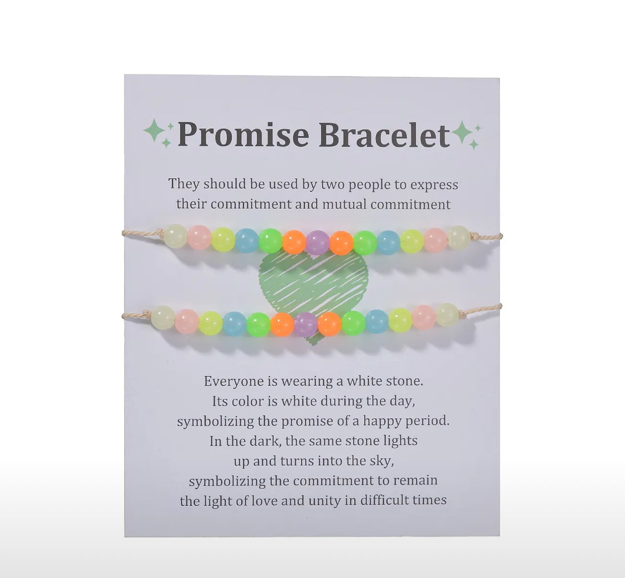 Promise bracelet with colorful beads on a card explaining its symbolism