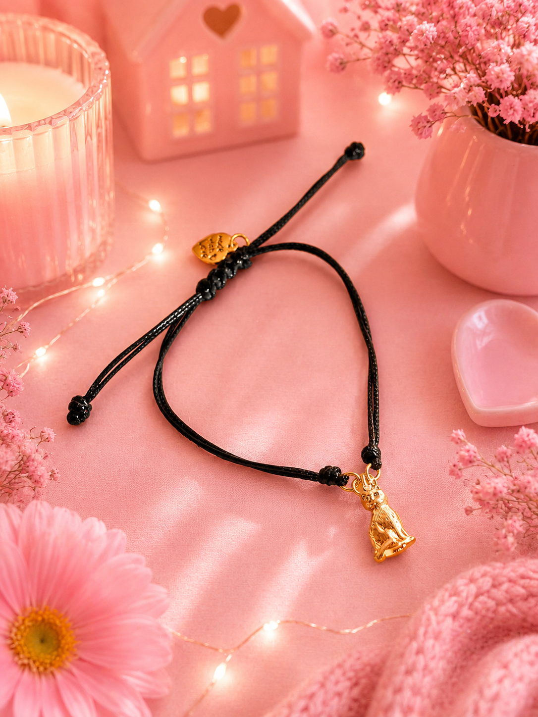 A black cord adjustable bracelet with a small gold cat charm, styled on a pink fabric background with decorative flowers, a pink candle, and fairy lights.
