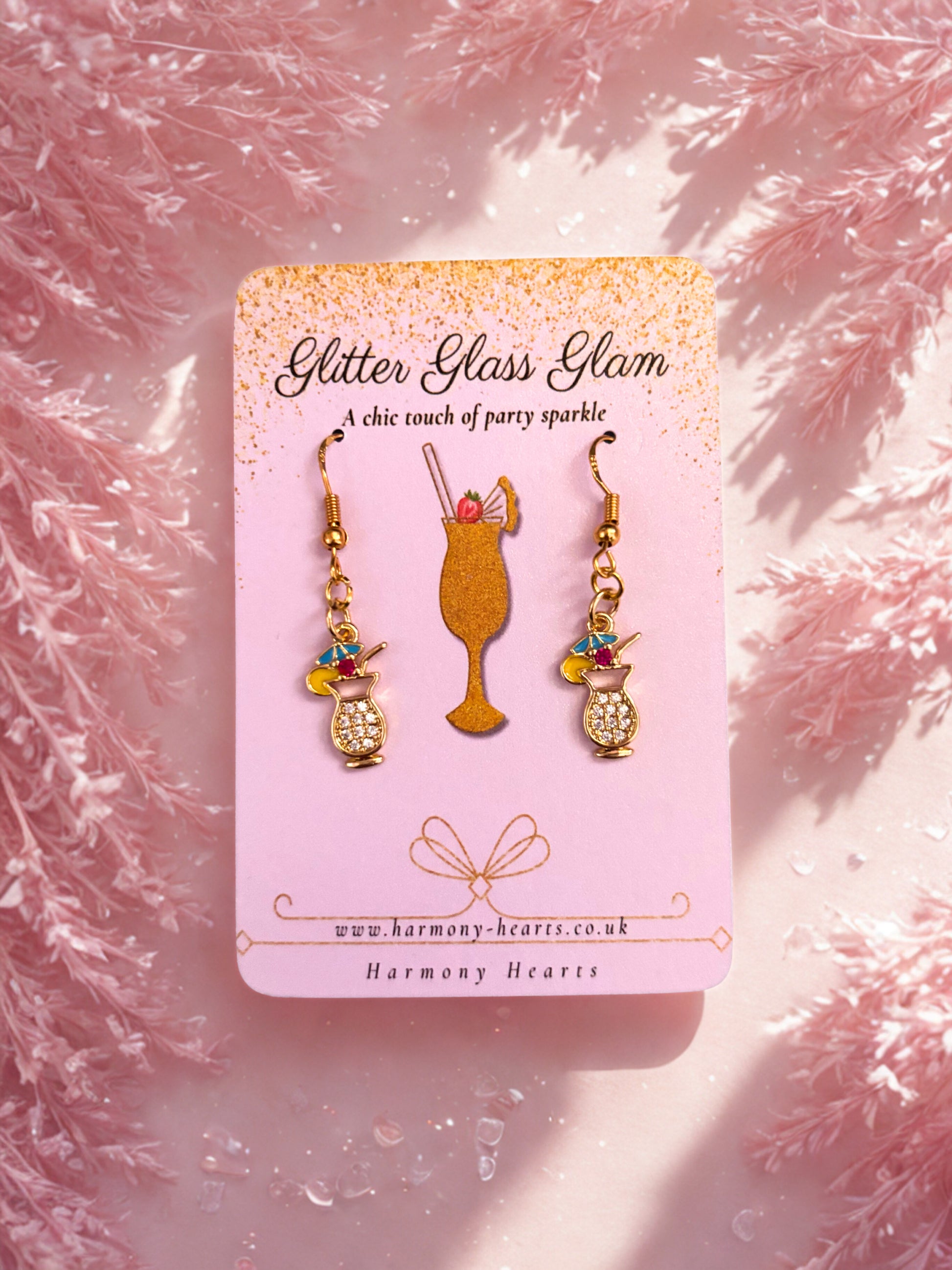 Pair of Cocktail glass earrings on a 'Glitter Glass Glam' card with a pink background