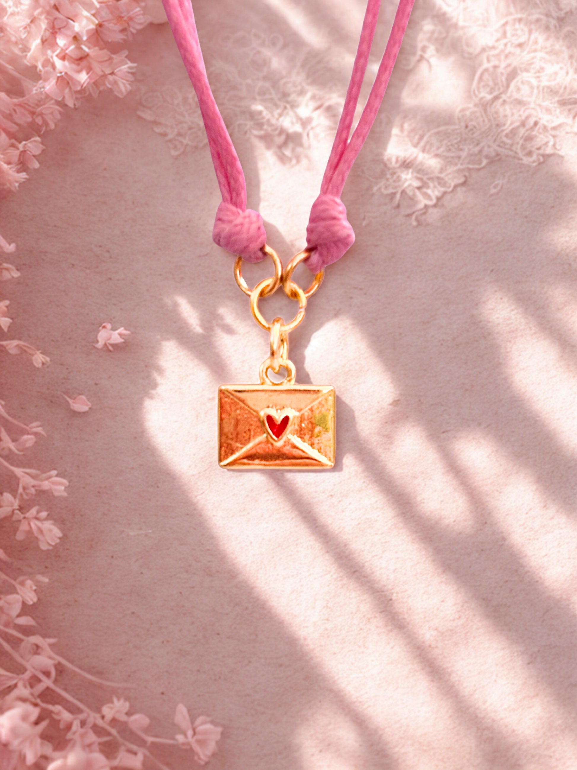 Bracelet with a gold envelope charm featuring a red heart on a pink background.