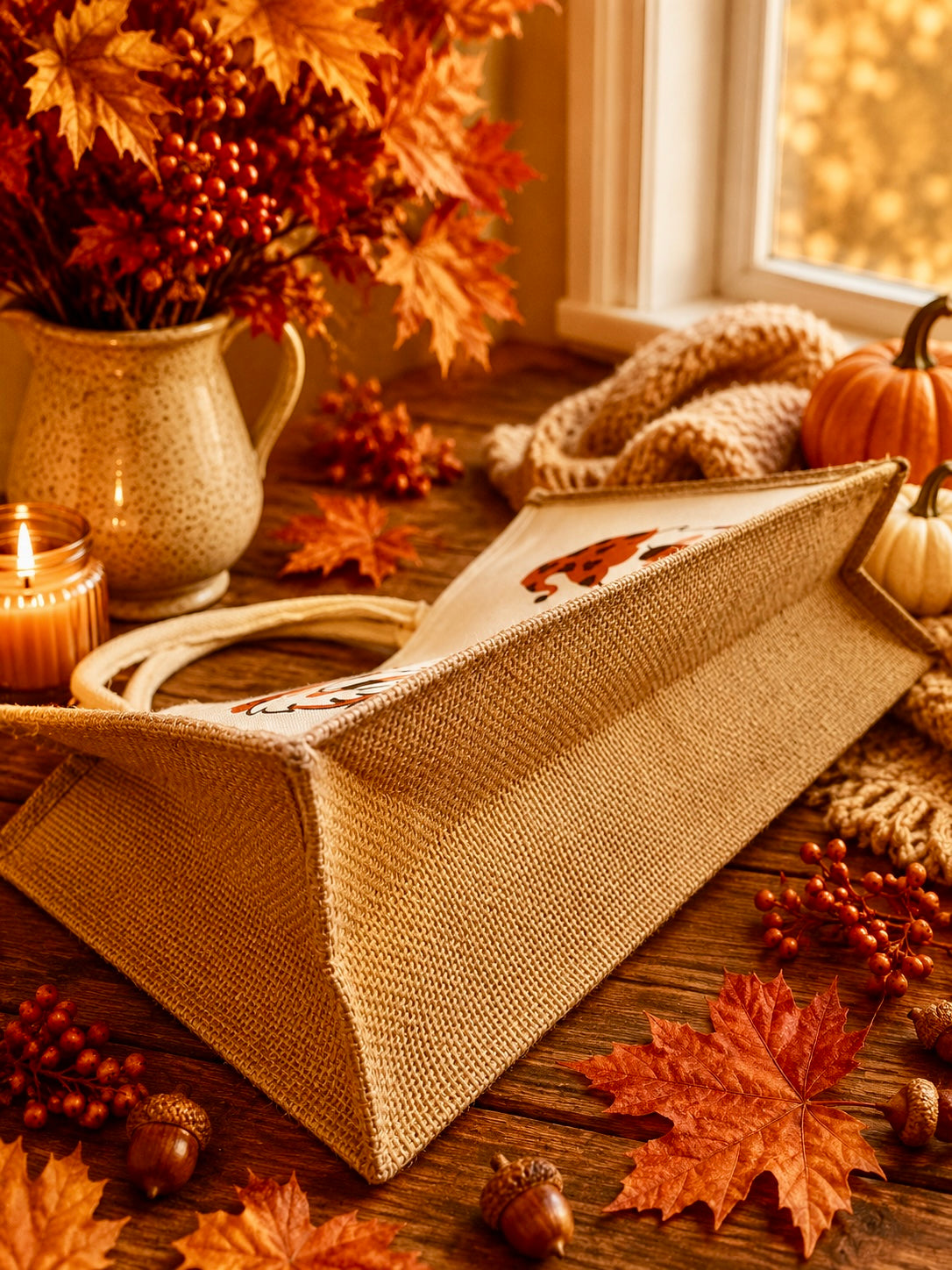A woven jute tote bag with a printed autumn leaf design, styled on a rustic wooden table with fall decorations including a ceramic pitcher of leaves, a candle, pumpkins, and a knitted blanket.