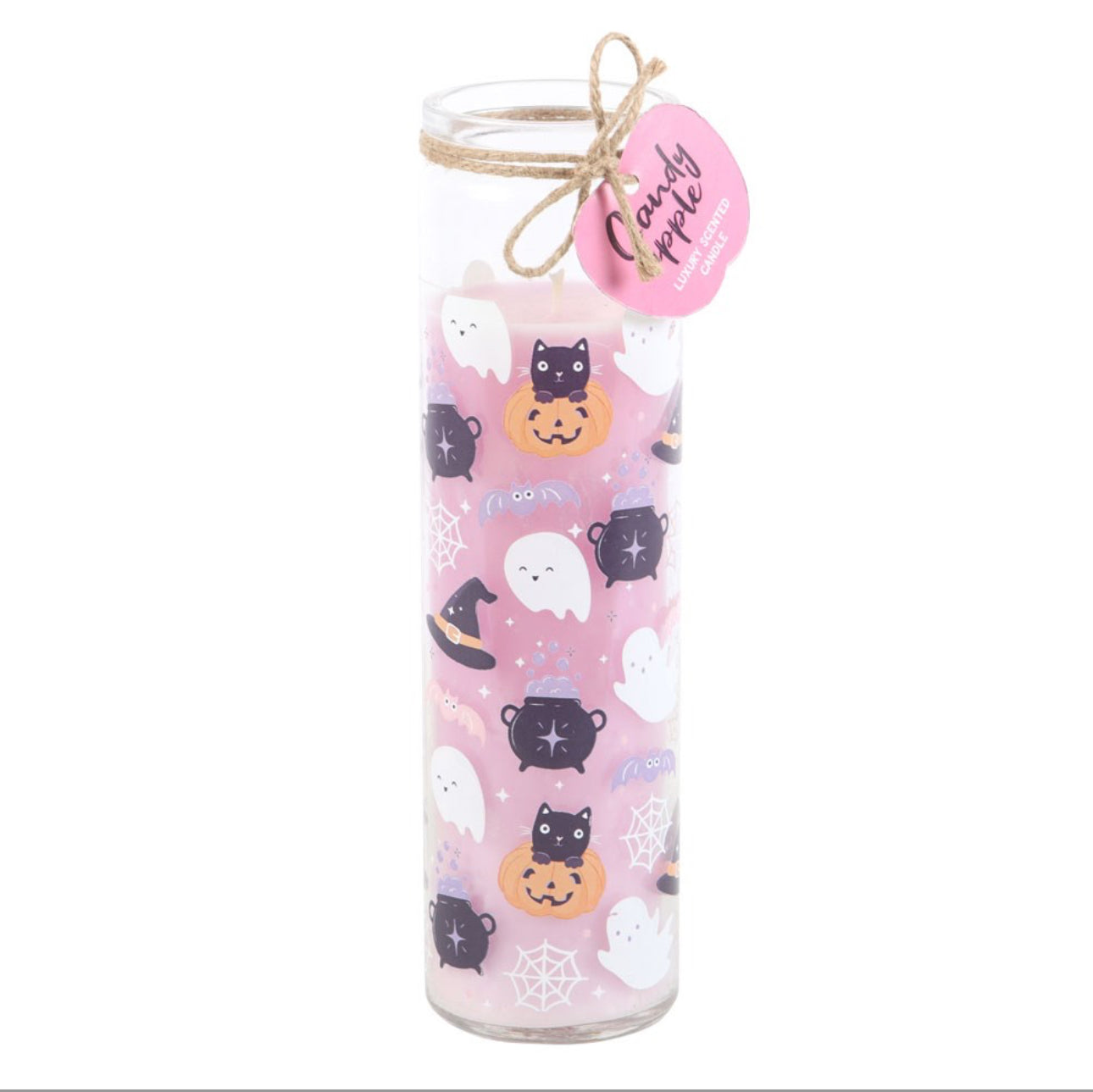 Candle in a glass jar with Halloween-themed design on a pink background