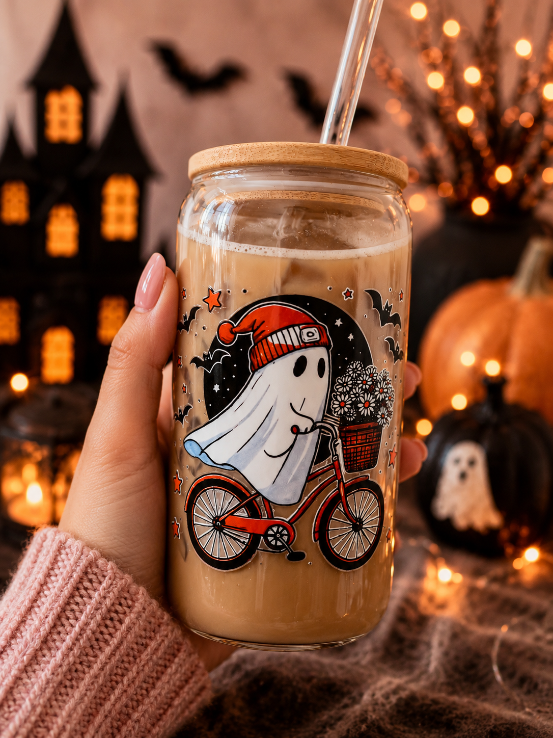 A hand holds a clear glass jar tumbler with a bamboo lid and clear straw, filled with an iced coffee drink. The tumbler features a cute Halloween graphic of a white ghost riding a red bicycle with flowers in the basket.