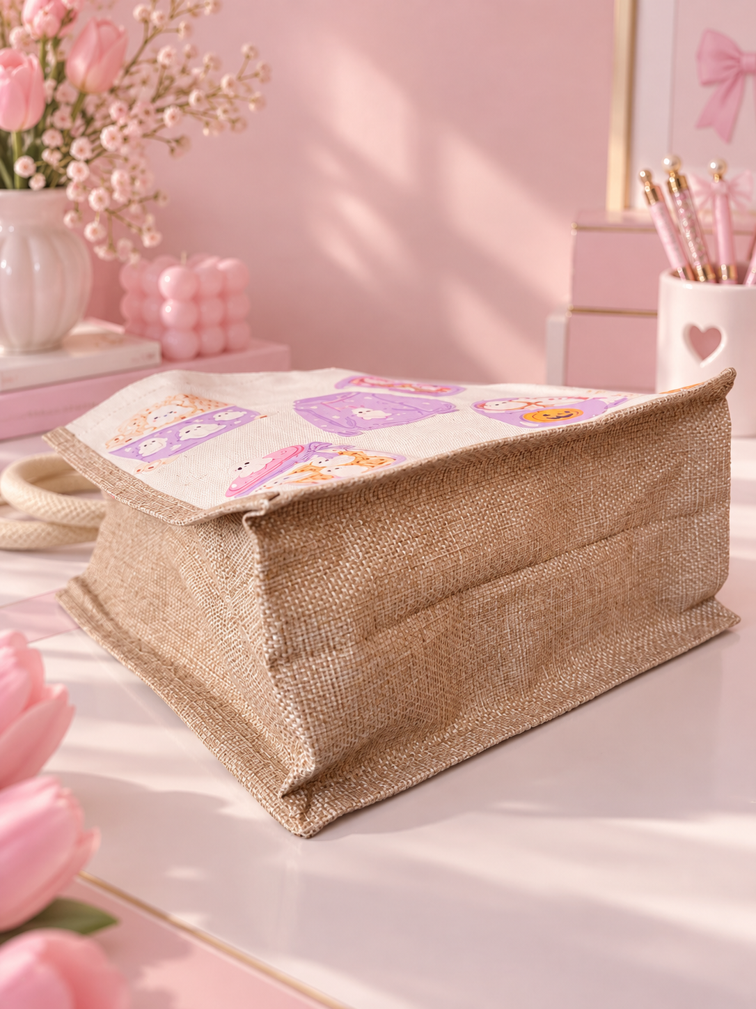 A beige burlap tote bag featuring cute cartoon ghost and pumpkin characters in purple, pink, and orange, styled on a pink tabletop with decorative flowers and stationery in the background.
