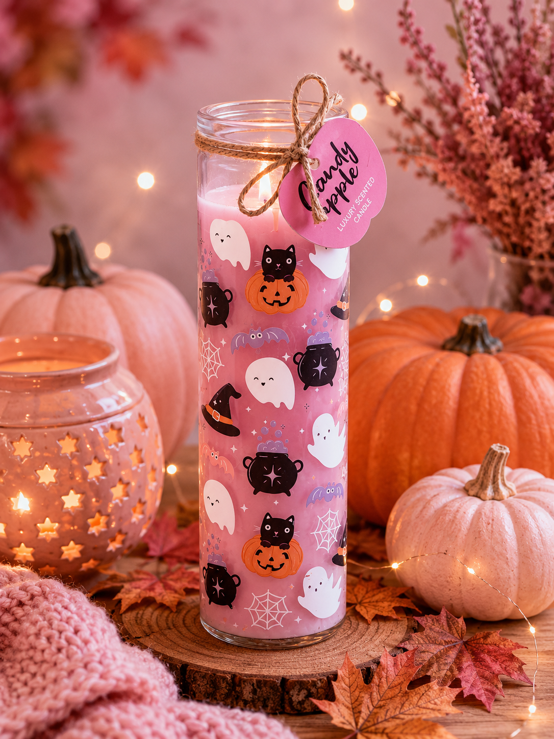 Pink tube candle with pumpkins cats and ghosts design