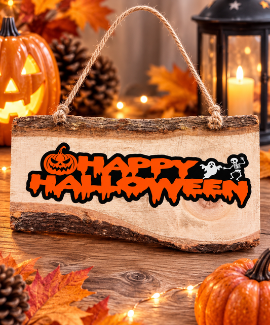 A rustic wood sign with a natural bark edge and twine hanging loop, featuring the words “HAPPY HALLOWEEN” in orange with black outline, plus a jack-o'-lantern and ghost graphic. The sign is displayed on a wooden surface with autumn decorations including pumpkins, leaves, pinecones, and a lantern in the background.