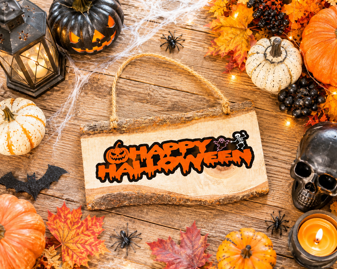 A rustic wooden hanging sign with a natural bark edge and rope loop, printed with the phrase “Happy Halloween” in orange and black dripping lettering. The sign is styled on a wooden surface with autumn decorations including pumpkins, fall leaves, a lantern, spiderwebs, a skull, and a candle.