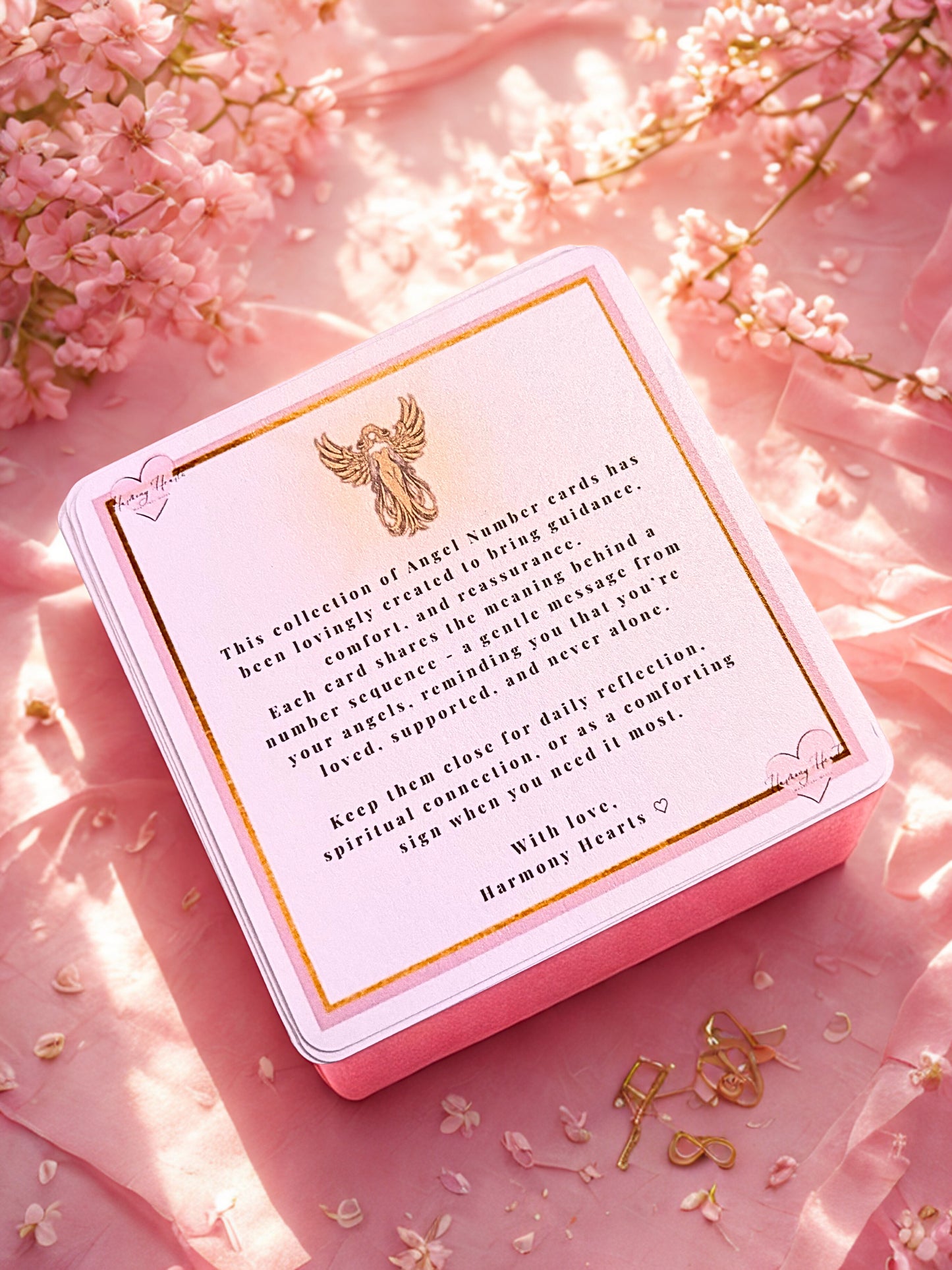 Card with angelic design and text on a pink floral background