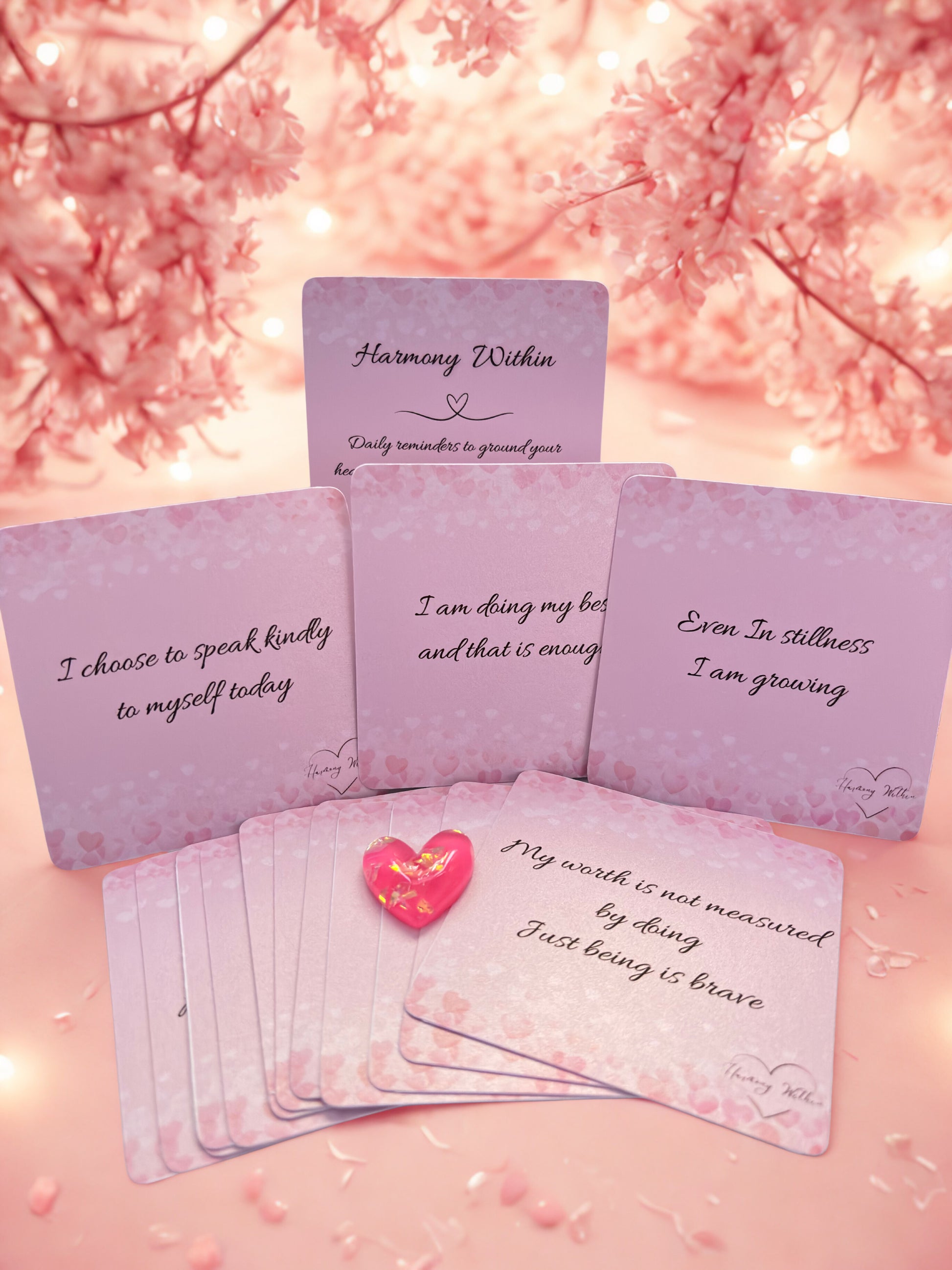 Set of affirmation cards with motivational phrases on a soft pink background with cherry blossoms.