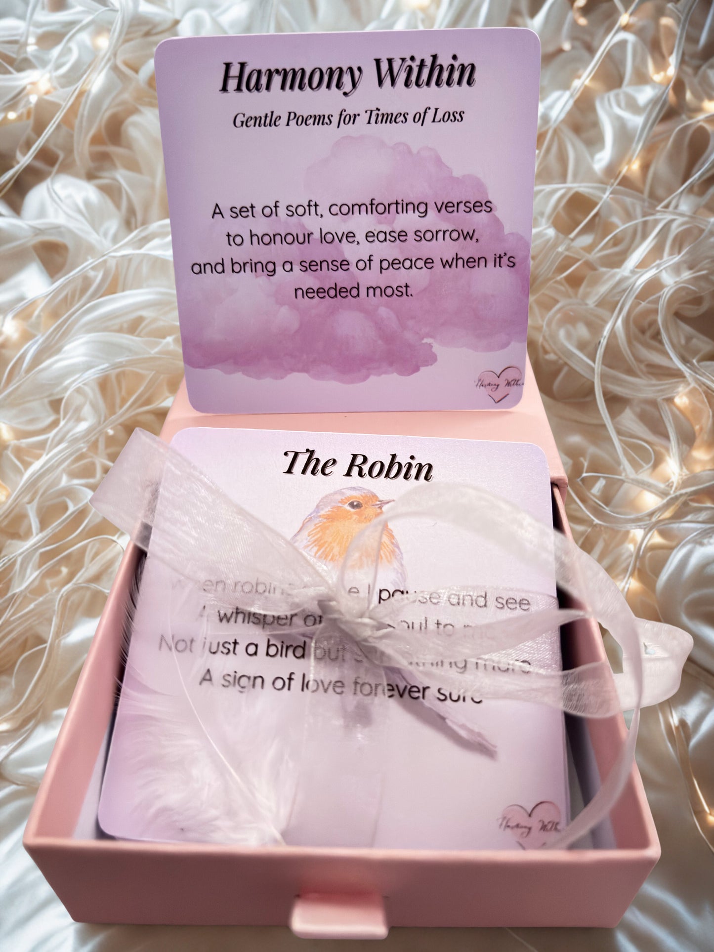 Set of cards titled 'Harmony Within' with a pink box on a soft, white background.