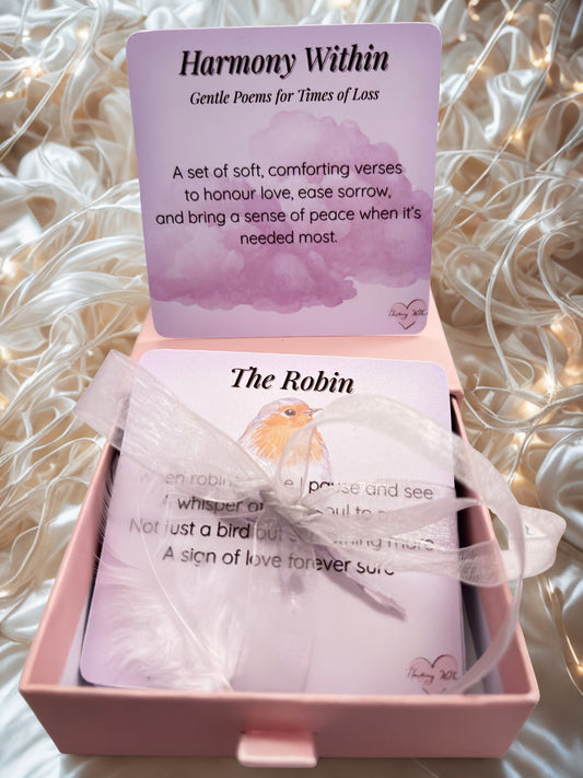 Set of cards titled 'Harmony Within' with a pink box on a soft, white background.