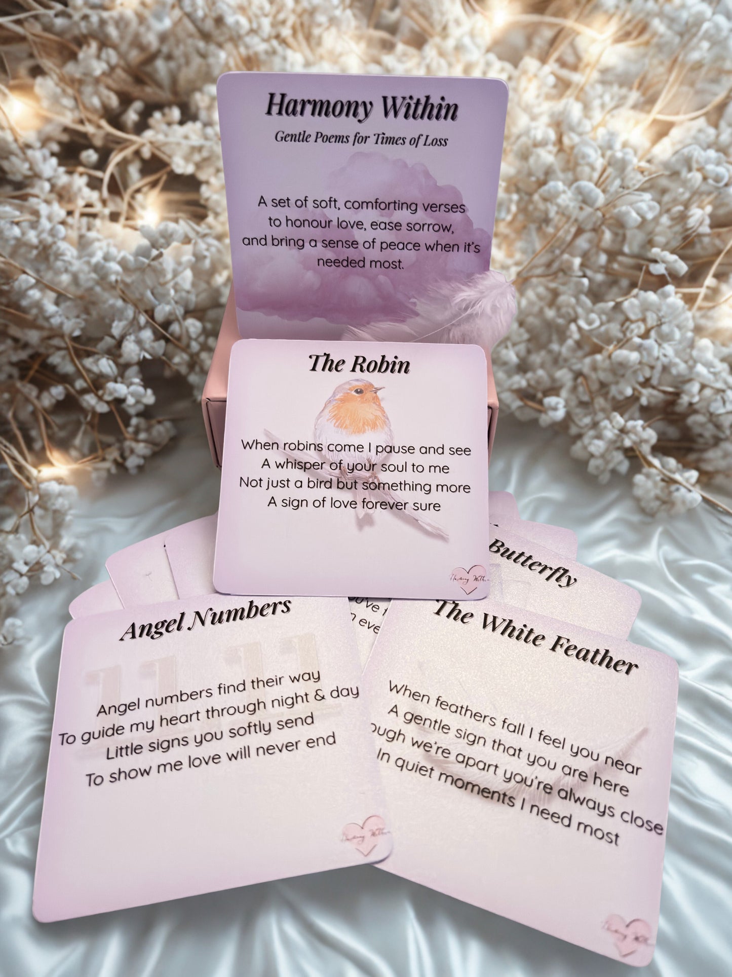Set of cards with text and illustrations on a soft background