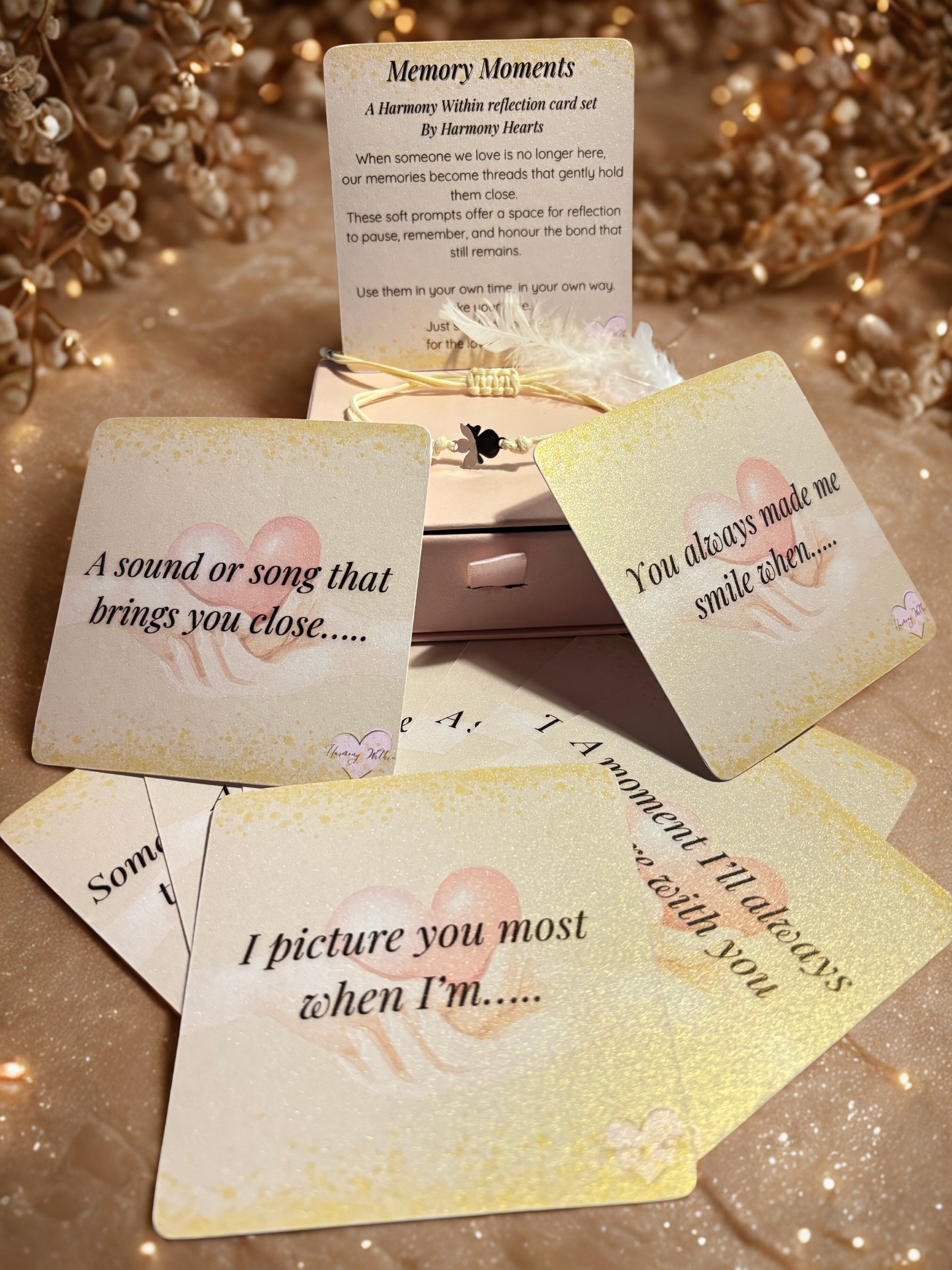 Set of memory cards with reflective phrases on a decorative background