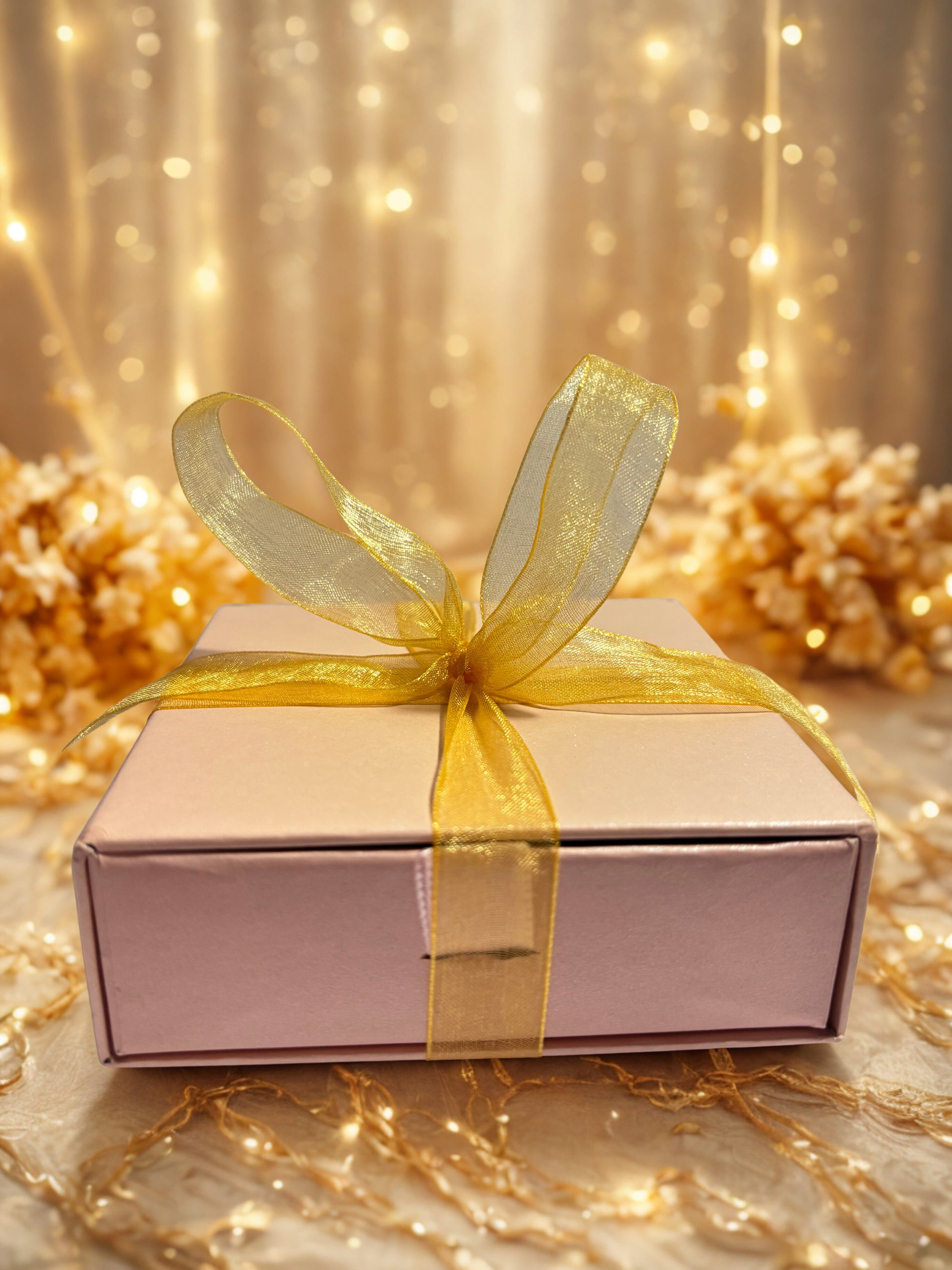 Pink gift box with a gold ribbon on a festive background with lights and decorations.