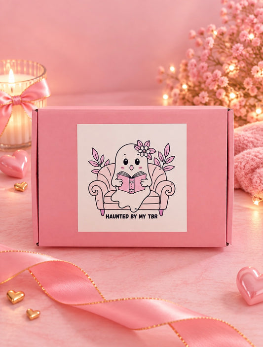 A pink cardboard box with a white square label featuring a cute cartoon ghost reading in a chair and the text 'HAUNTED BY MY TBA'. The box is styled on a pink surface with pink ribbons, small gold hearts, a lit candle, and pink flowers in the background.