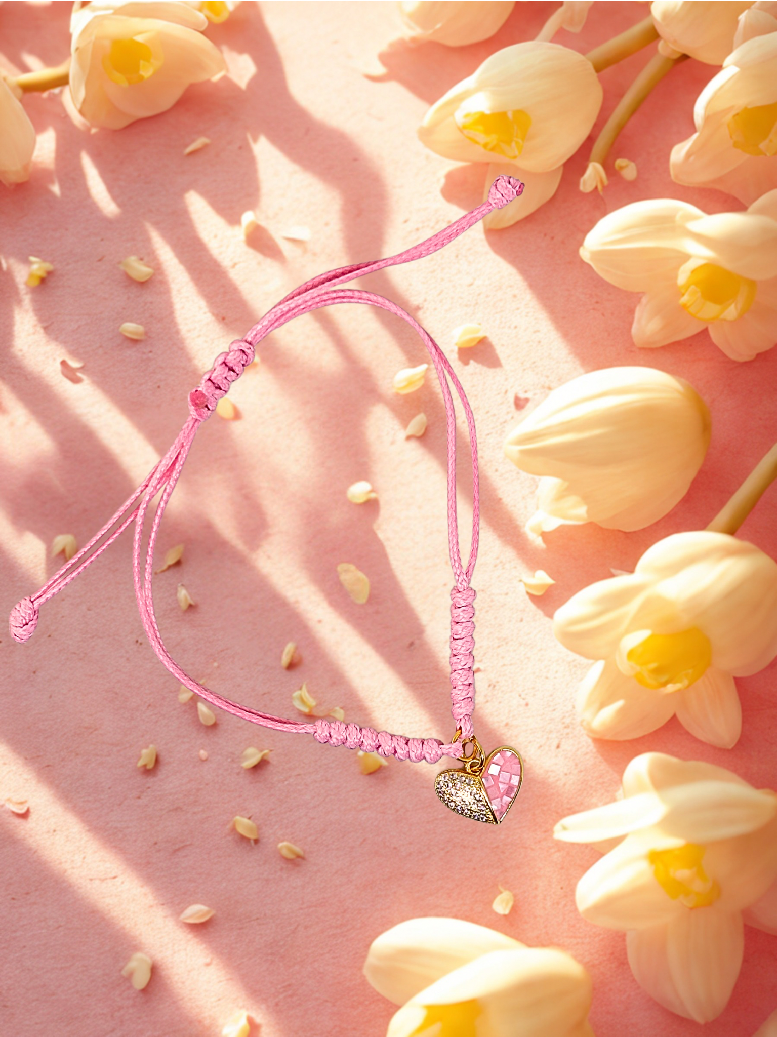 Pink bracelet with a heart charm on a pink background with flowers