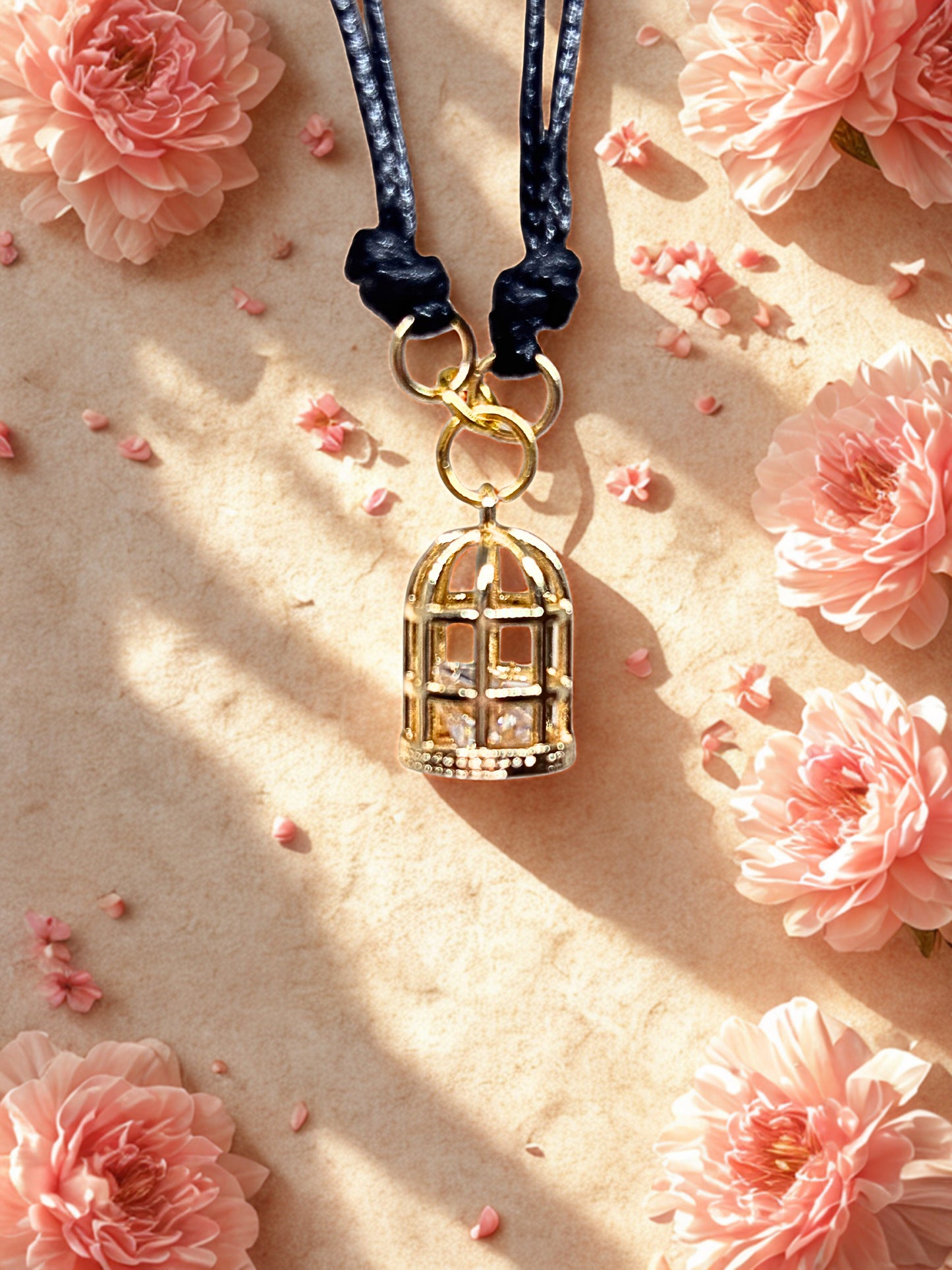 Gold birdcage charm on a black cord bracelet against a pink floral background