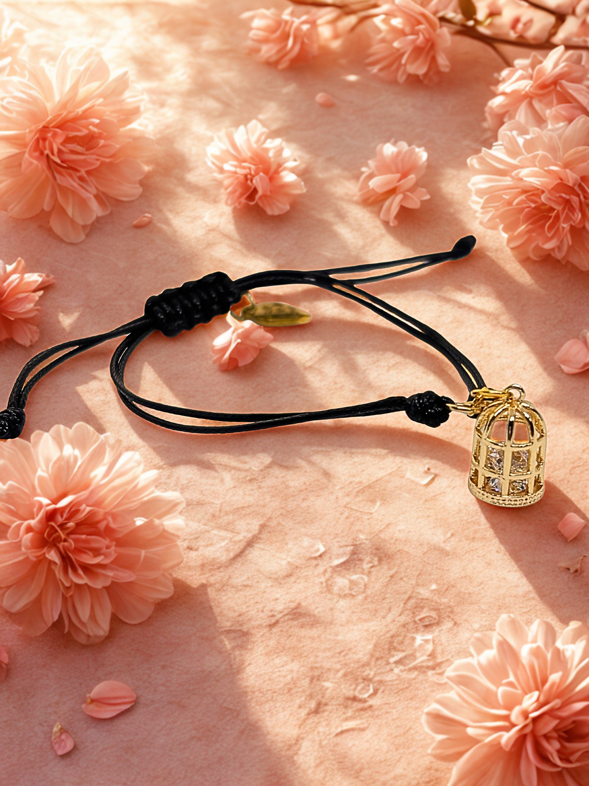 Gold birdcage charm bracelet against a pink background