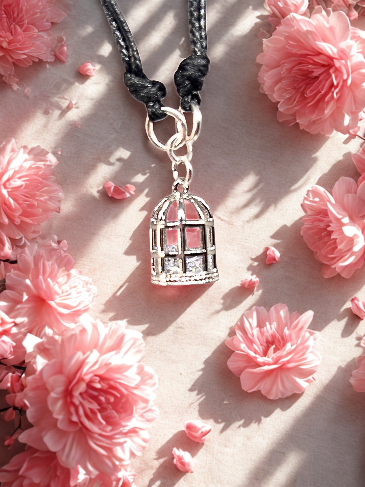 bracelet with a birdcage charm on a pink floral background