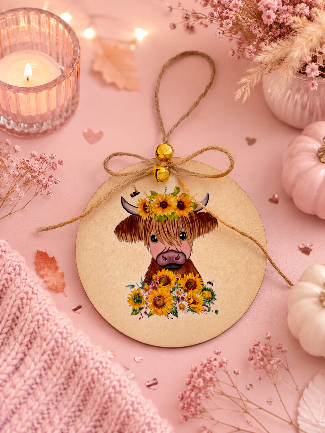 A round wooden hanging ornament featuring a Highland cow with yellow sunflowers, tied with a twine bow and small gold bell, styled on a pink surface with dried flowers, a candle, and pumpkins.