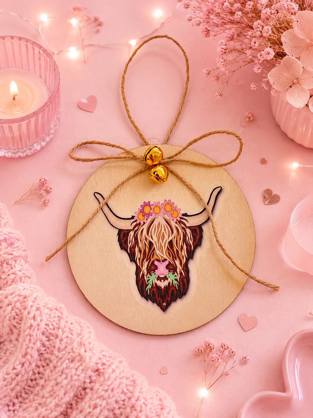 A round wooden Highland cow ornament with an illustration, decorated with a floral crown and hanging twine bow with a small gold bell, styled on a pink background with a candle, knit blanket, and dried flowers.