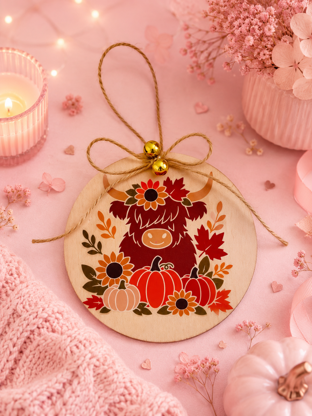 A round wooden hanging ornament with a rustic twine bow and gold jingle bell, featuring a colorful autumn Highland cow illustration surrounded by pumpkins and flowers, styled on a pink background with a candle, knit fabric, and flowers.