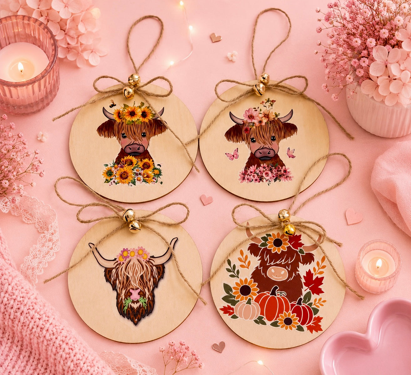 Four round wooden cow ornaments with hanging loops, decorated with different cow illustrations and autumn floral motifs, arranged on a pink background with candles and dried flowers.