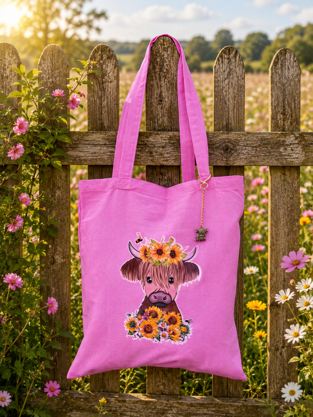 Pink tote bag featuring a highland cow surrounded by sunflowers