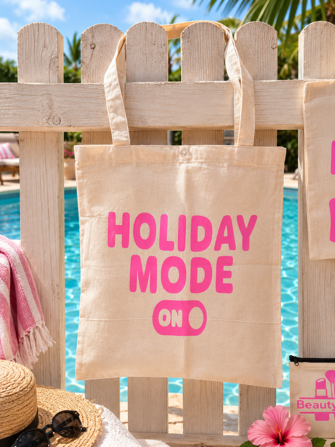 Beige tote bag with 'Holiday Mode On' text hanging on a wooden fence by a poolside.