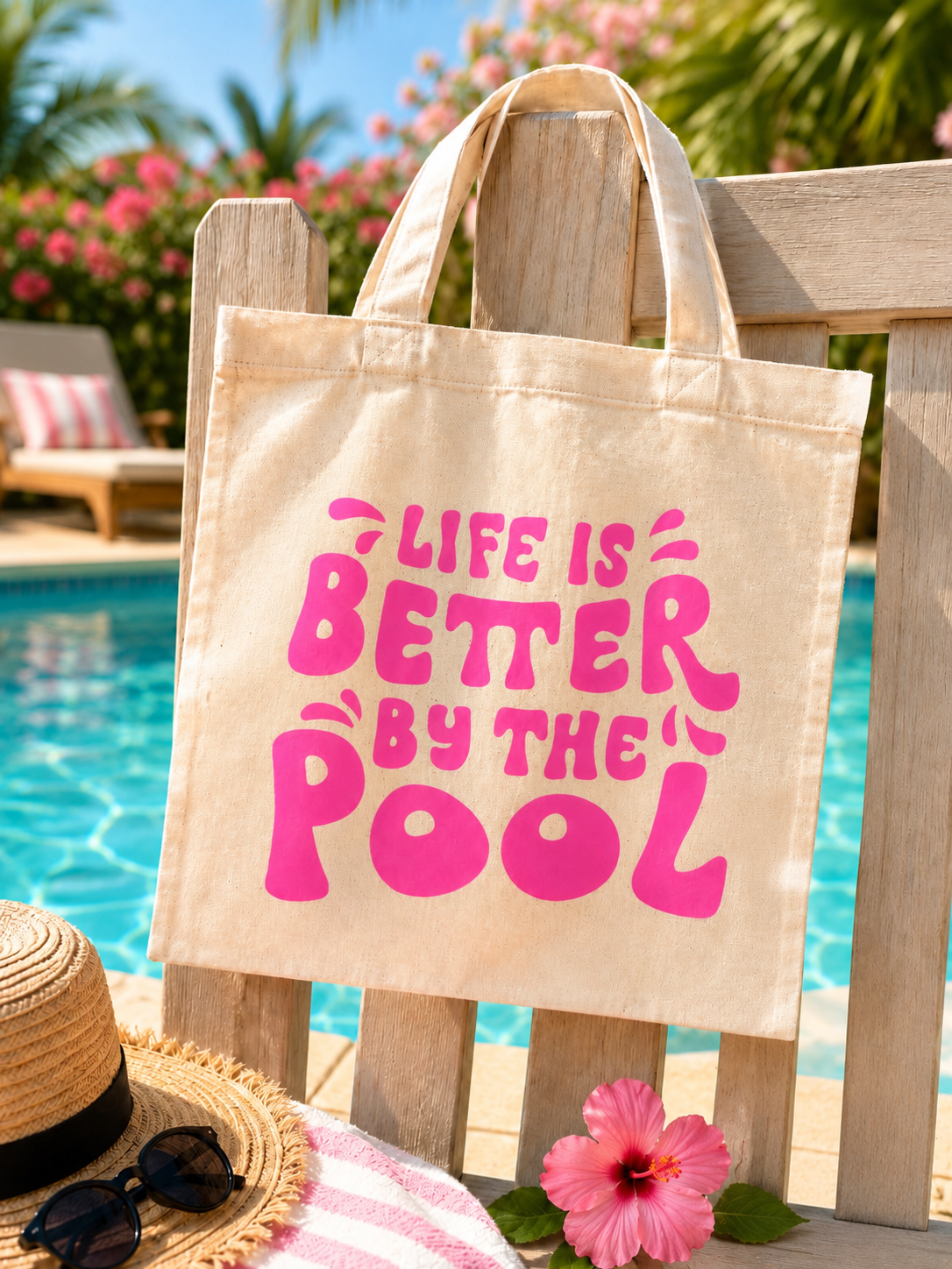 Beige tote bag with 'Life is Better by the Pool' text by a poolside with flowers and sunglasses.