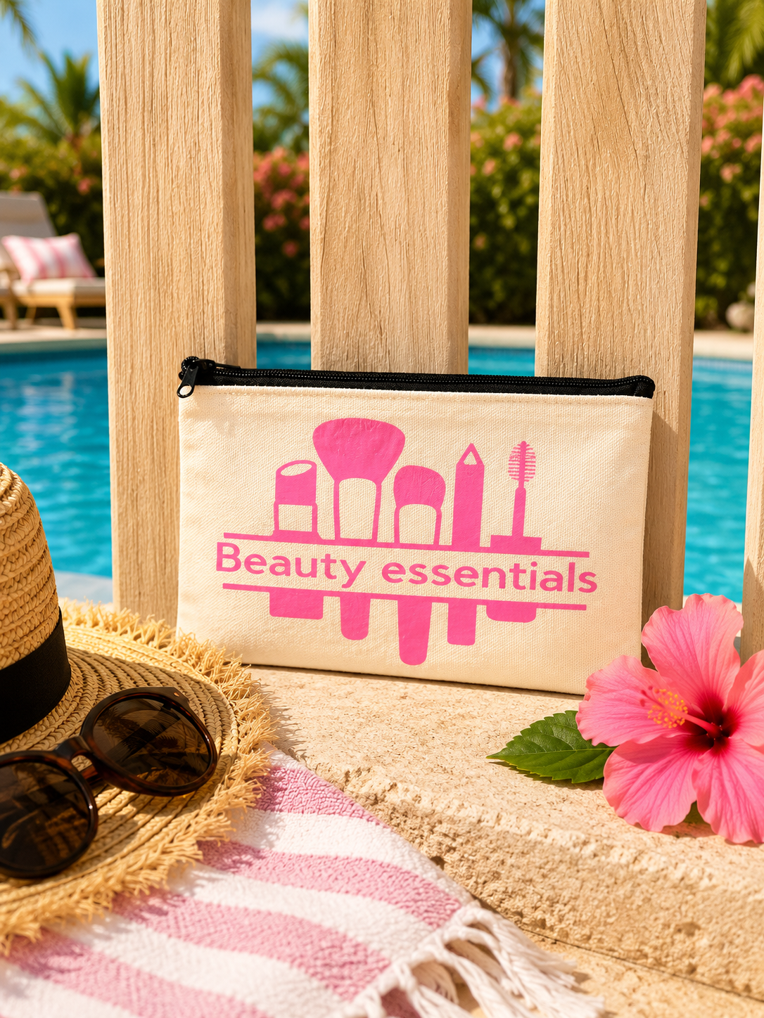 Beige pouch with pink 'Beauty essentials' text and makeup icons on a towel by a poolside.