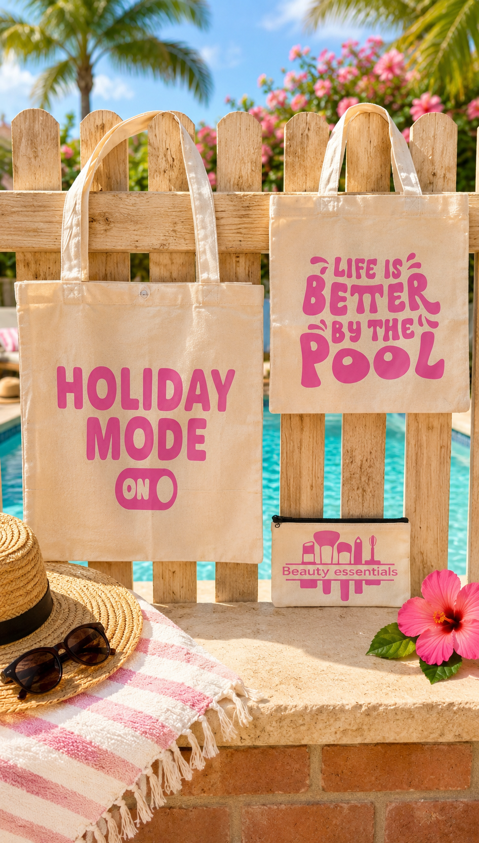 Two tote bags with text by a poolside with a straw hat and sunglasses.