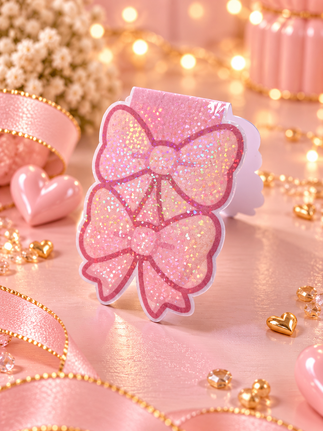 A pink glitter bow-shaped holographic magnetic bookmark standing upright on a pink surface, surrounded by pink ribbons, small gold heart charms, and warm bokeh lights in the background.