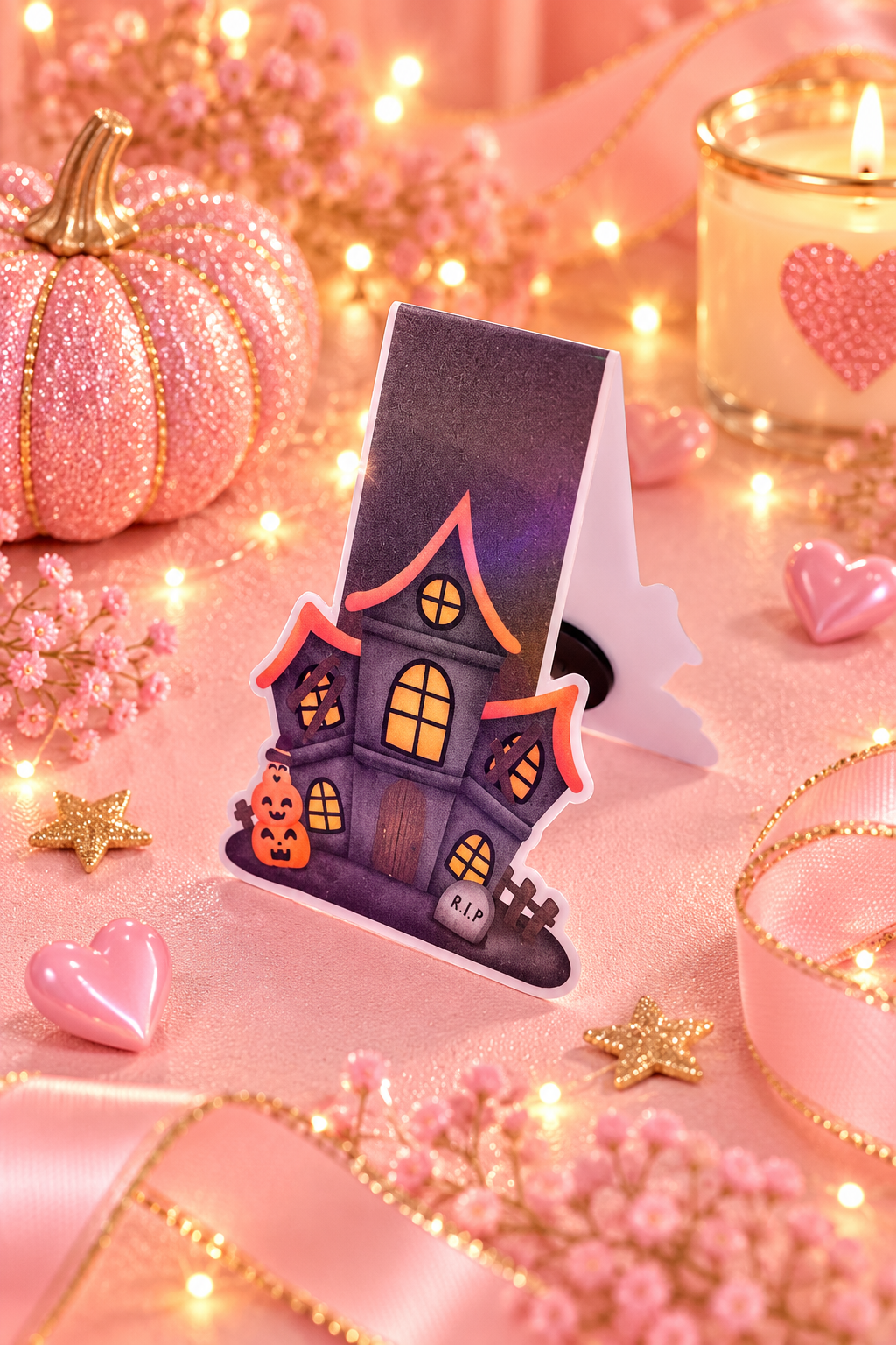 A Halloween-themed decorative magnetic bookmark featuring a haunted house illustration, styled on a pink surface with string lights, a glittery pink pumpkin, hearts, stars, and a candle.