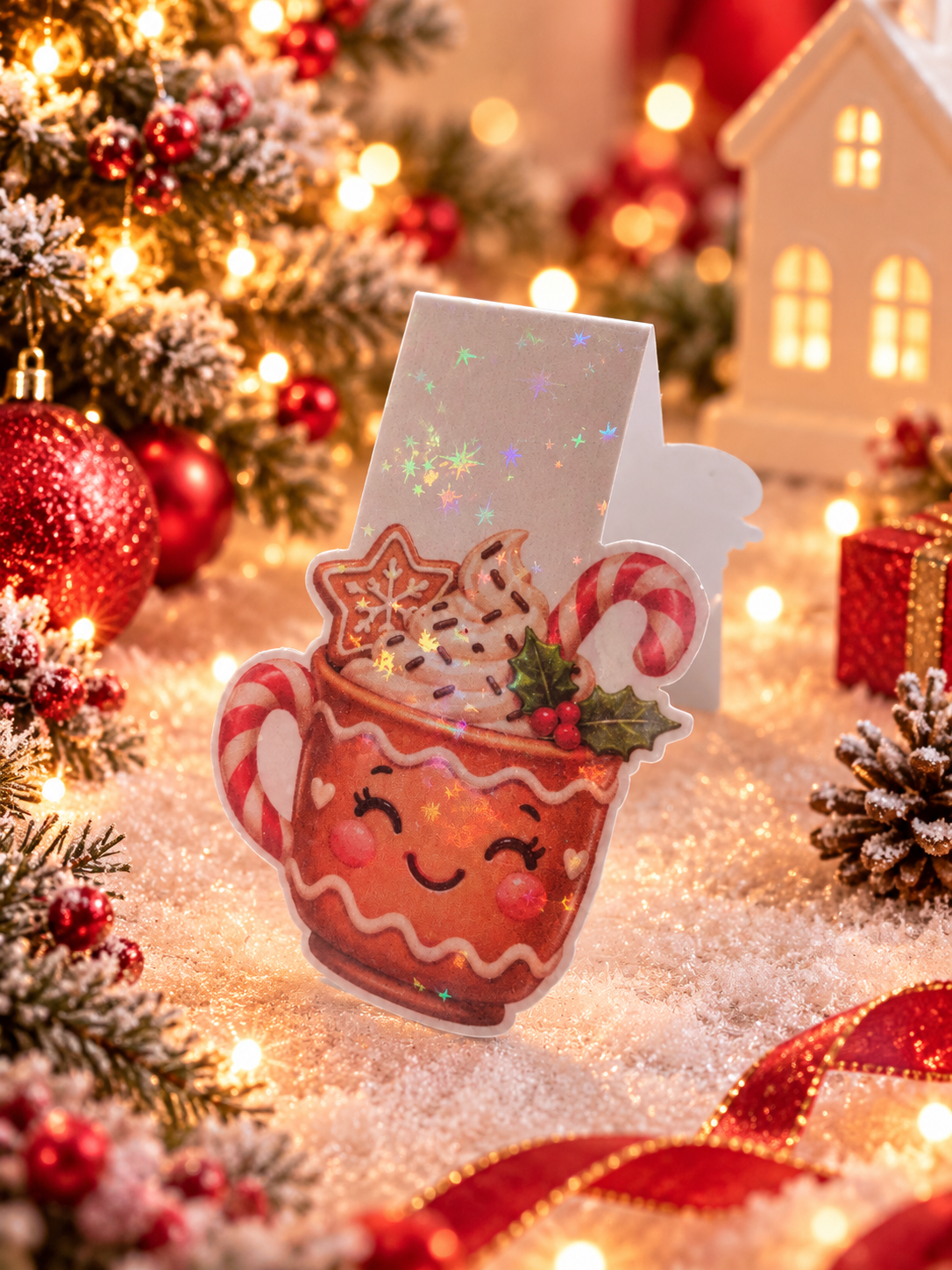 A festive Christmas-themed magnetic bookmark shaped like a gingerbread mug filled with hot chocolate, candy canes, and sprinkles, displayed in a decorated holiday scene with lights, ornaments, pine branches, and a small house.