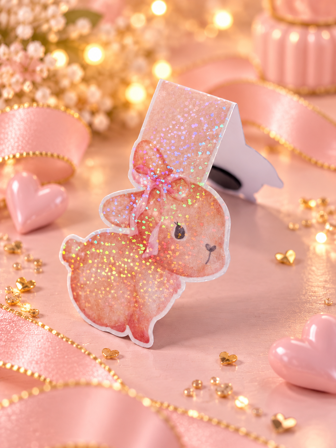 A pink glitter bunny-shaped magnetic bookmark with a bow design, photographed on a soft pink surface with ribbons, heart decorations, and warm bokeh lights in the background.